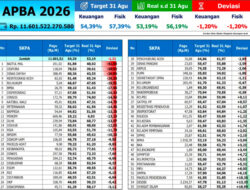 Realisasi APBA 2026 Keteteran, 14 SKPA di Bawah Target 53,19 Persen